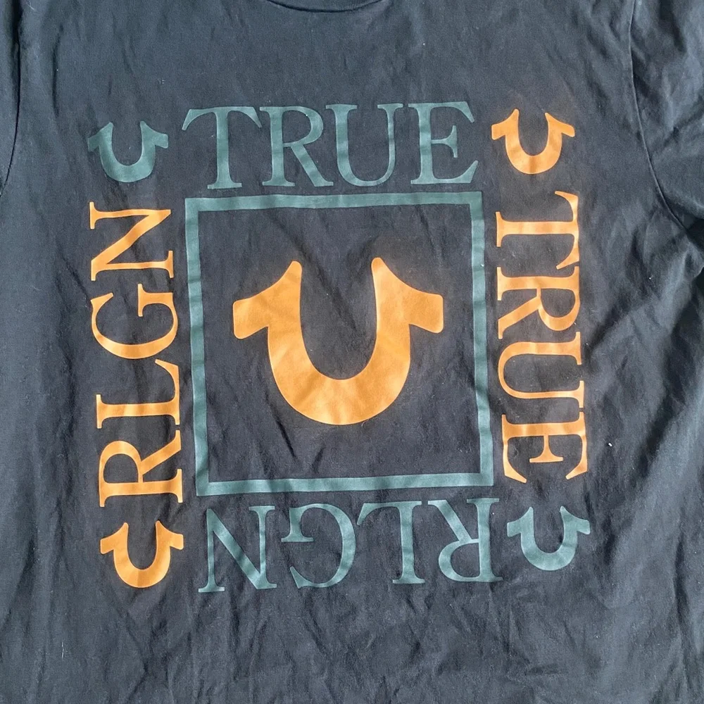 True Religion Black Tee with Orange and Green Design